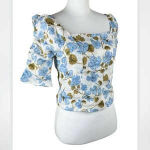 Joie 100% Linen Blue Floral Shirred Sleeve Blouse Top Small